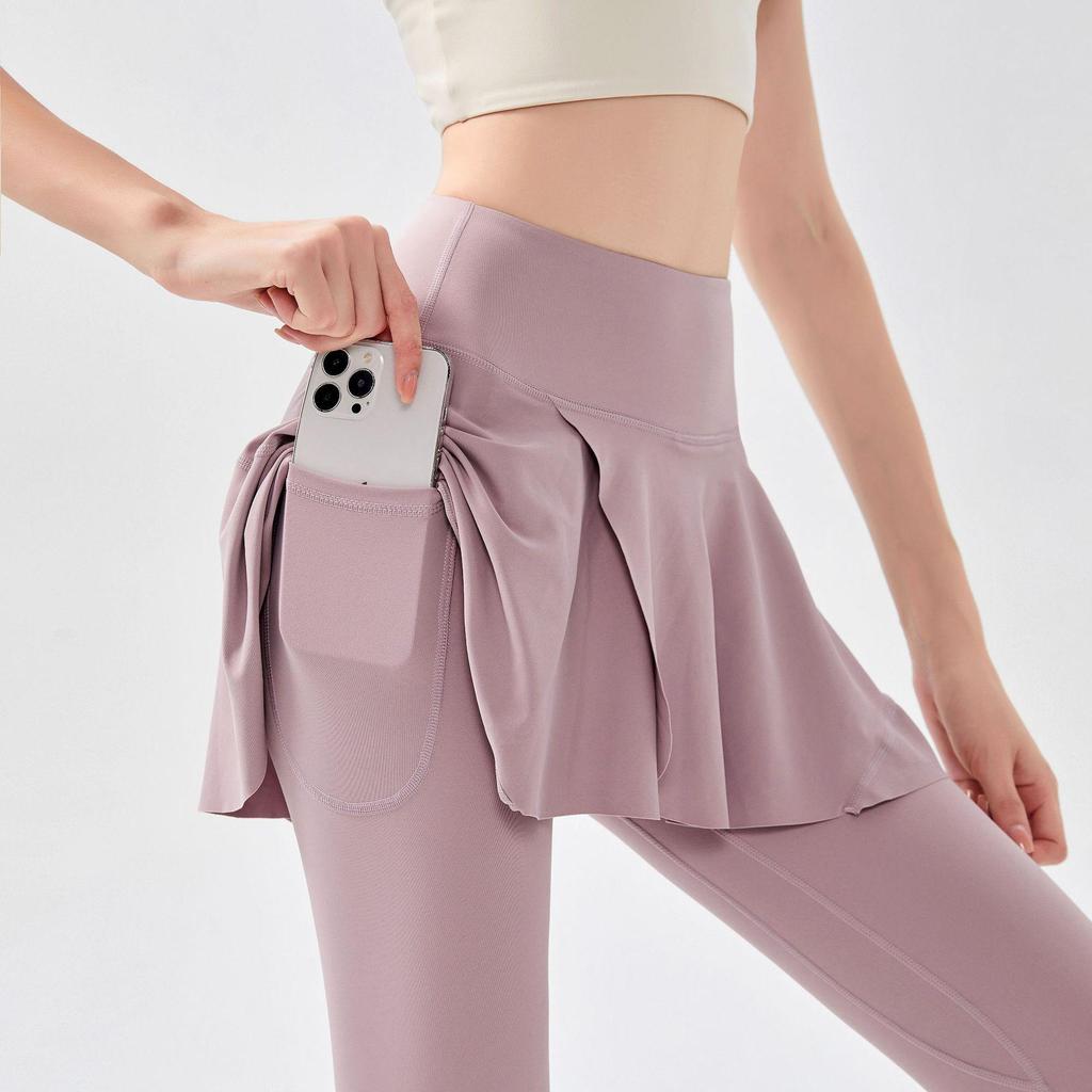 «Женские штаны для йоги телесного цвета с высокой талией и накладной юбкой – спортивная одежда осень/зима»
