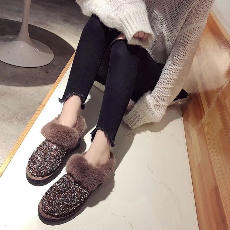 Модные ботильоны с пайетками, зимние женские сноубутсы с круглым носком, распродажа, плюшевая теплая обувь, мода New Rock 2025 Y2k, пушистые женские туфли