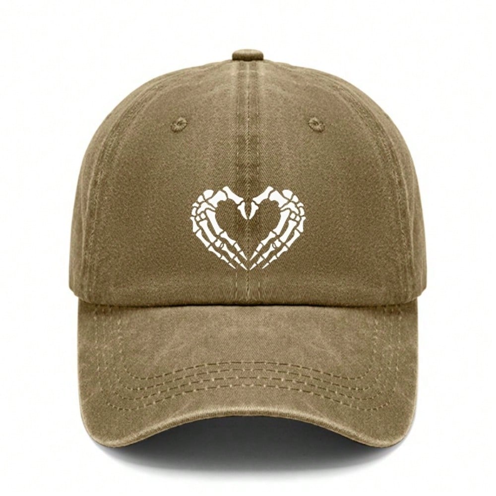 [Skeleton Heart Baseball Cap] Unisex Vintage Washed Print Polyester Adjustable Breathable Casual Streetwear Daily Wear Baseball Hat - Dad Cap