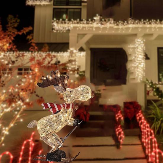 Lighted Reindeer Ornaments Glowing Ski Deer Statue with LED Lights String 3D Standing Reindeer Figurines for Christmas Decoration Indoor Outdoor