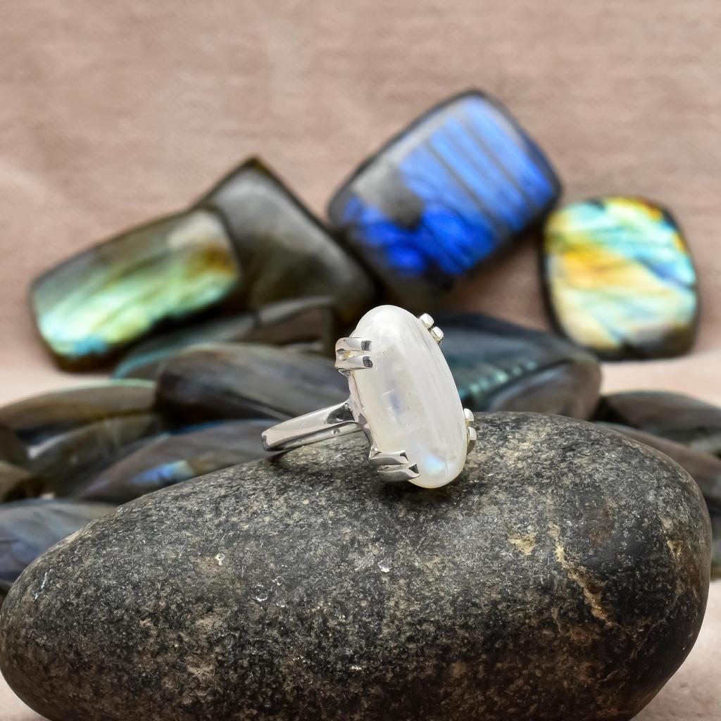 Натурального овального цвета Радужный Лунный Камень, Твердое Кольцо Стерлингового Серебра 925 пробы, Набор Зубцов, Кольцо Для Женщин и Девочек, Размер от 5 до 12
