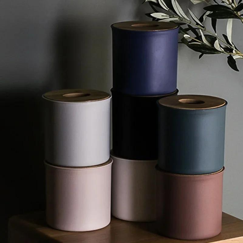 Round Tissue Box Plastic Paper Holder Roll Napkin Storage Household Hotel Car Paper Holder Desk Solid ColorToilet Paper Boxs