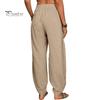 Женские повседневные брюки, эластичные, с высокой талией, однотонные шаровары с карманами, свободный крой, дышащие, длинные брюки, повседневная одежда