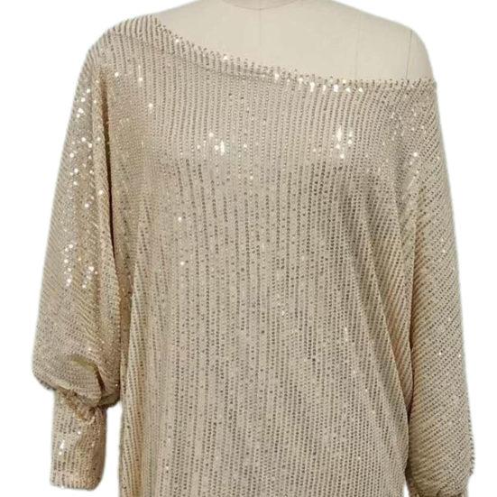 Women Evening Dress Shiny Sequin Slant Neck One Shoulder Three Quarter Sleeve Loose Above Knee Mini Dress Prom Party Dress