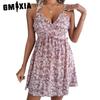 Spring/Summer Floral V-neck Wooden Ear Edge Swing Dress Holiday Slip Dress Women's Wear