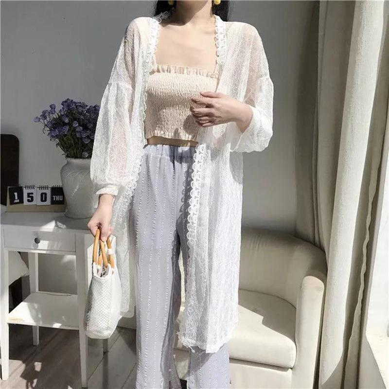 Женская шифоновая накидка большого размера, летний кардиган с длинными рукавами, модная ретро-полая солнцезащитная рубашка, тонкая куртка средней длины, кружевные топы