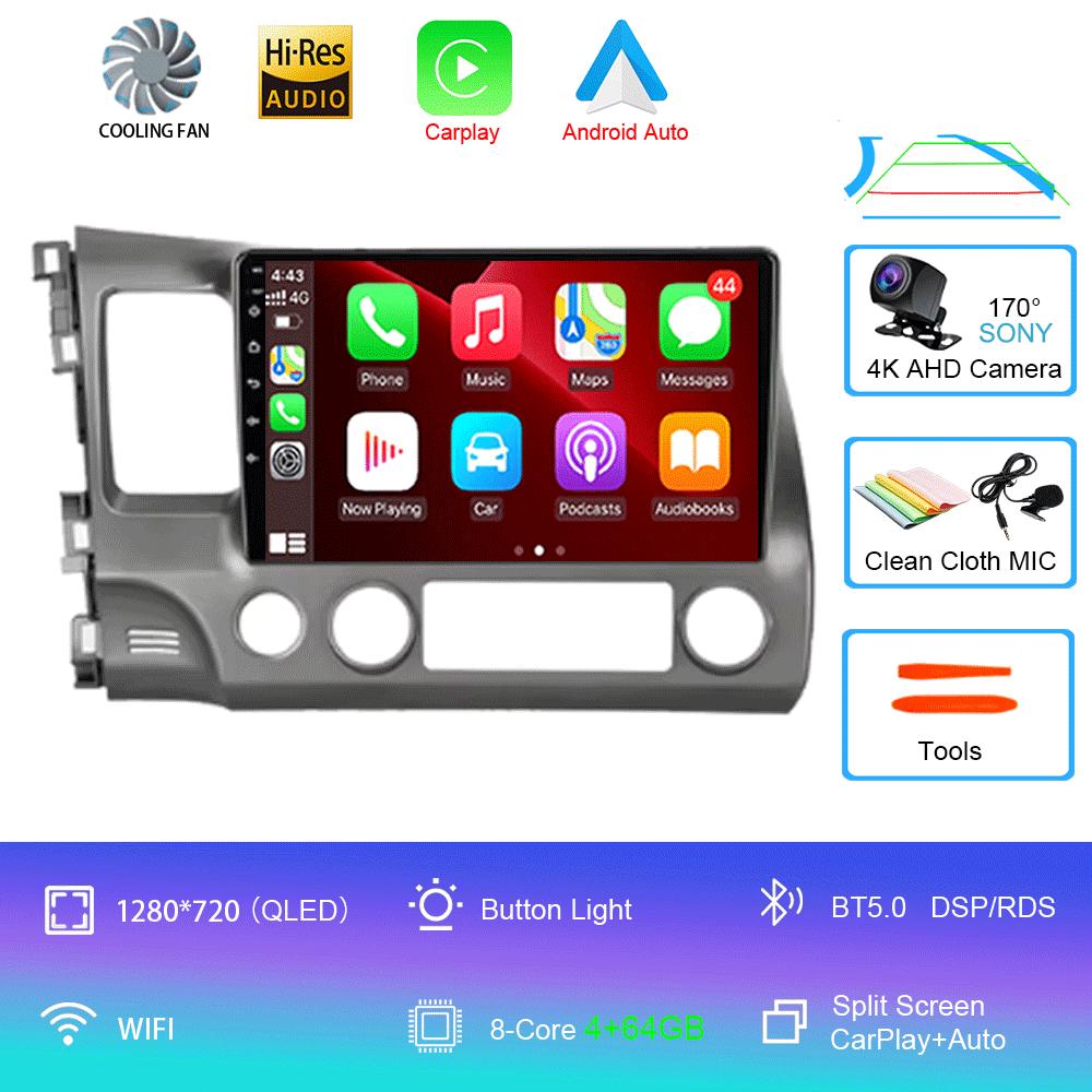 Для Honda Civic 2005 - 2012 2Din 4G Android 14 Автомагнитола Радио Мультимедийный Видеоплеер Навигация GPS Головное Устройство Carplay Монитор