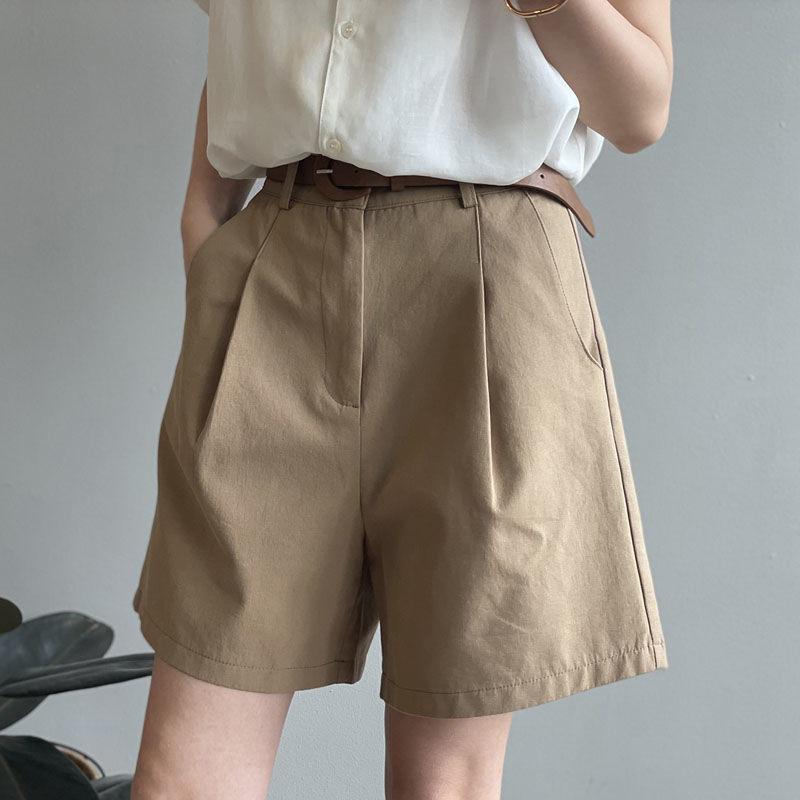 WTEMPO Cotton Shorts Women High Waist Wide Leg A Line Suit Shorts with Belt Office Lady Solid Loose Casual All Match Short Pants