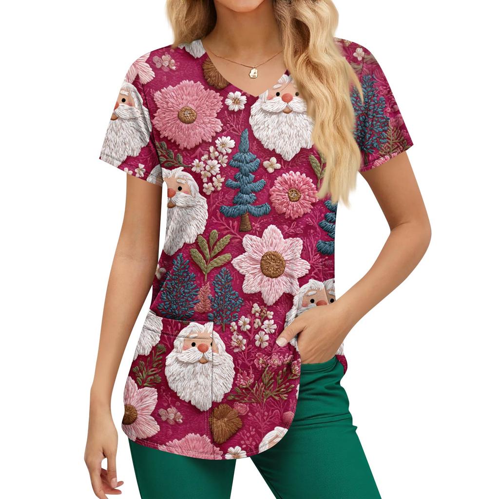 Женские топы с короткими рукавами и v-образным вырезом с рождественским принтом, рабочая блузка с карманами