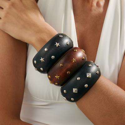Ретро Мода Пятиконечная Звезда Клепка Деревянный Браслет Манжеты Y2k Панк Стиль Геометрический Винтажный Браслет Ювелирные Изделия Мода Хип-хоп Гранж Pulseras Mujer