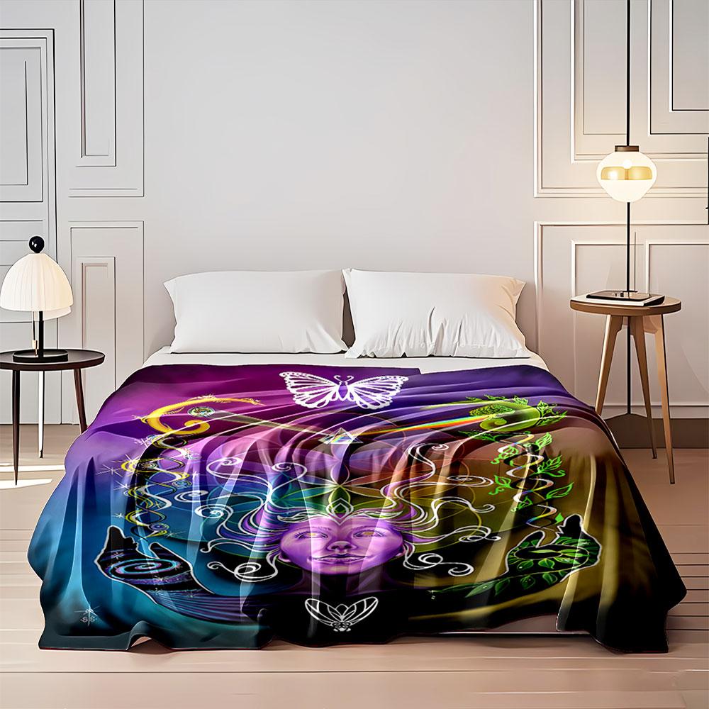 The pattern features vibrant, spiritual, and symmetrical cosmic imagery. for all seasons blanket lunch break throw gift