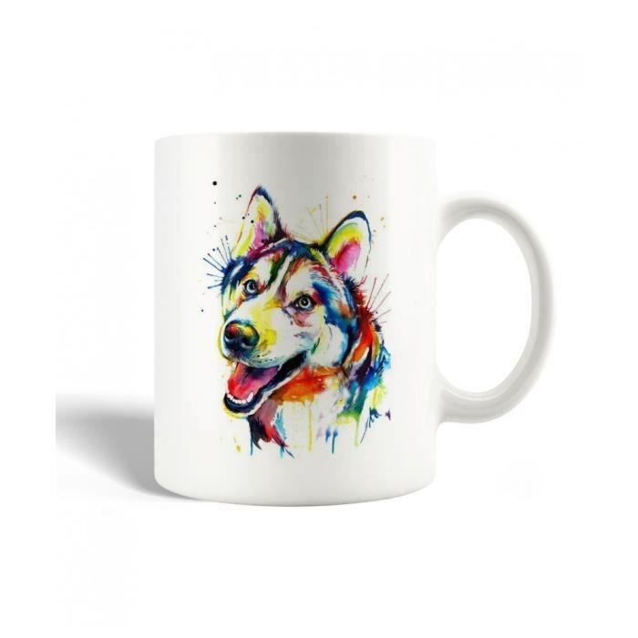 Mug en Céramique - Abstrait - Tête de Loup - 30cl - Compatible Lave-Vaisselle - Blanc