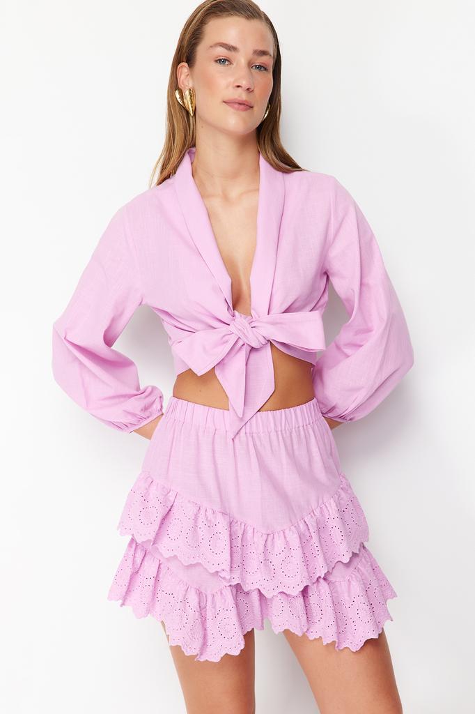 Women's Fashion New Skirt Pink Mini Woven Embroidery Detailed Skirt