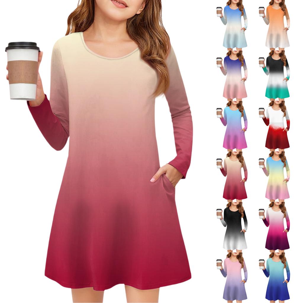 Girls' Long Sleeve Dress - Color Pocket Dress