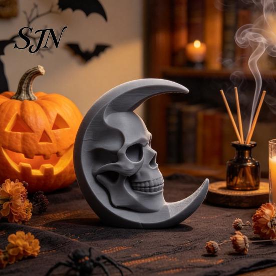 Interior Gothic Decor 3D Printed Skull Moon Figurine, Crescent and Bone Texture Ornaments Sculpture, Vintage Desktop Statue for Halloween Desk