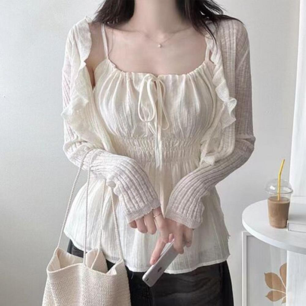 Navava Women Lovely Cool Ruffle Ribbon Neck Sleeveless Blouse Nb3182