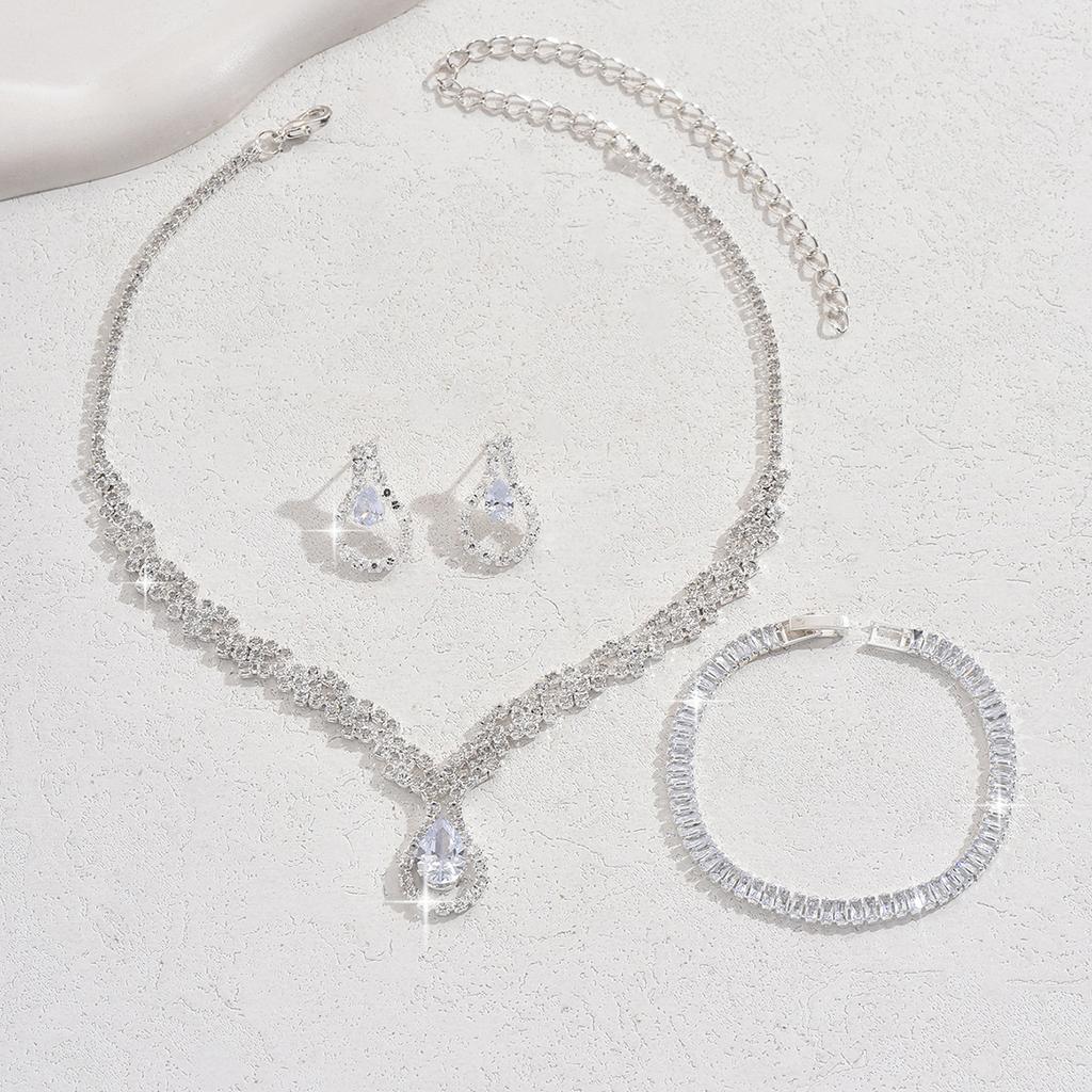 Fashion Bare Diamond Zircon Necklace Earrings Bracelet Women'S Set Super Flash Full Diamond Three-Piece Set