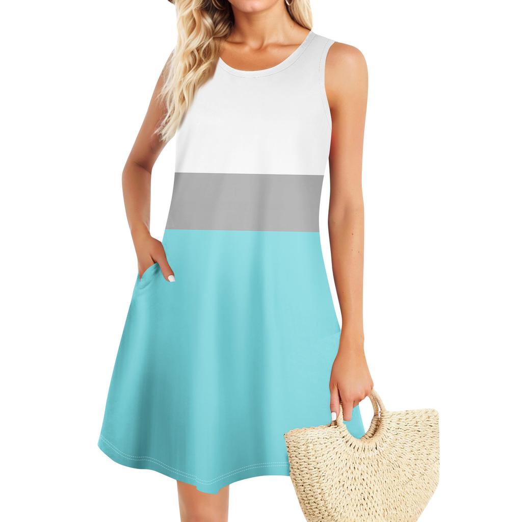 Summer Dresses For Women Beach Boho Sleeveless Vintage Printing Flowy Pocket Tshirt Tank Sundresses