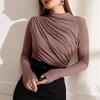 Autumn Women Long Sleeve Elastic Pure Color Going Out Tops Ruched Fashion Elegant Softy Slim Crop Top