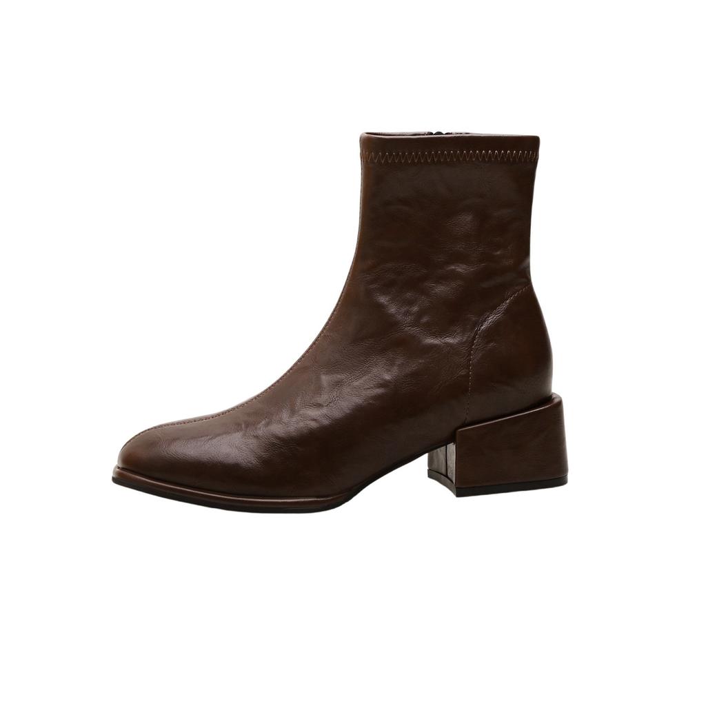 Версия из коровьей кожи, французский квадратный носок, кожаный толстый каблук, короткие ботильоны, женские осенне-зимние новые, средний и высокий каблук, эластичный thi