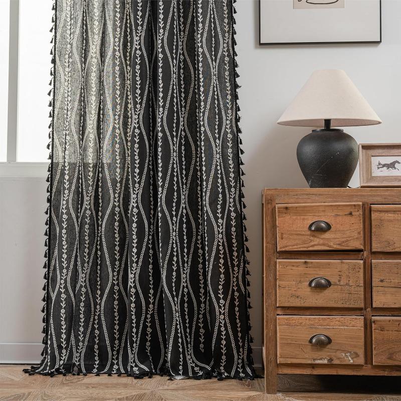 Полосатые Цветочные Бохо Шторы для Спальни Гостиной, Богемные Винтажные Кисточки Оконное Убранство Драпировка для Домашнего Декора Карман для Карниза, 1 шт.