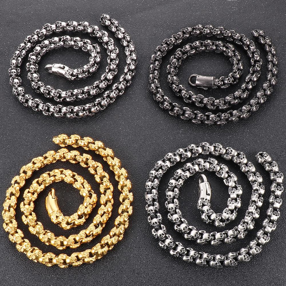 Мужское ожерелье в стиле панк-готика со всеми черепами, цепочка из цельной нержавеющей стали, скелет, ювелирные изделия, 50–70 см, длинное ожерелье, чокер для мужчин