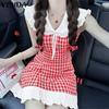 Summer Women Doll Collar Sleeveless Plaid Print Lace Hem Patchwork Casual Mini Dress