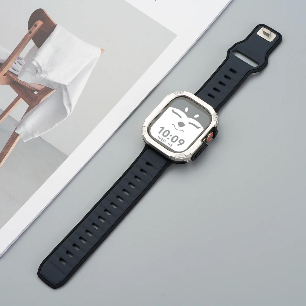 Ремешок+Чехол для Apple Watch 49мм 44 45 46ММ TPU+PC Защитный Бампер Силиконовый Ремешок для Iwatch Серии 10 9 8 7 6 5 4 Se Ultra 1 2