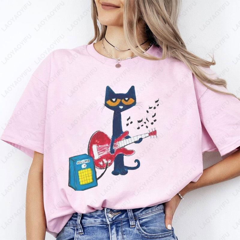 Pete The Cat Rockin T Shirt Funny Women Tshirt Kawaii Retro Trend Cool Street T Shirts High Quality Cotton Tees Camisetas Mujer