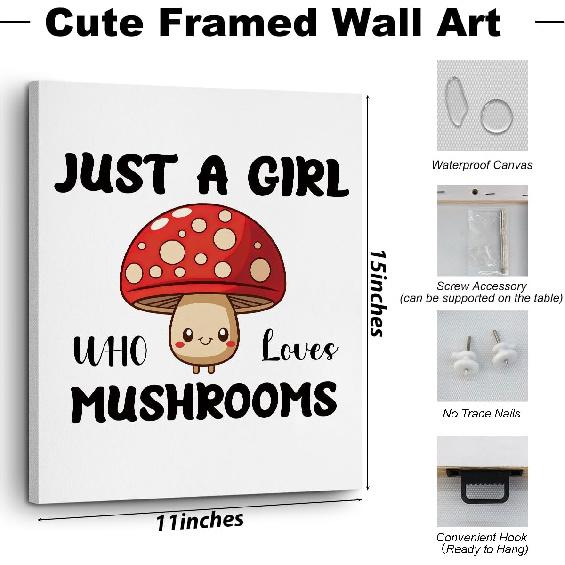 Funny Girl Loves Mushrooms, Mushroom Gifts, Cute Mushroom Lovers Gift, Canvas Wall Art Wall Decor, Aesthetic Prints Painting Artwork for Home
