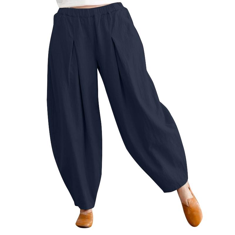 ZANZEA Женские летние хлопковые брюки, однотонные повседневные свободные шаровары с эластичной резинкой на талии