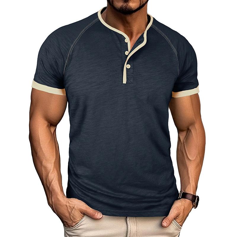 Men's Contrast Piping Raglan Henley T Shirt Placket Slub Cotton Short Sleeve Casual Summer Tee