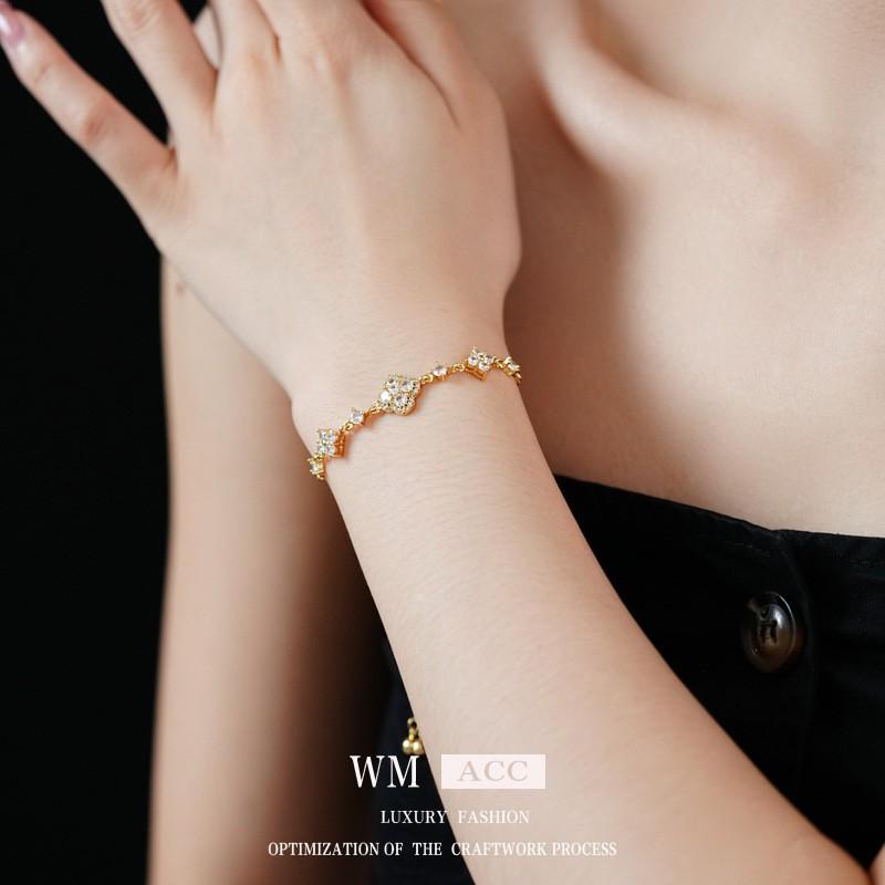 Elegant Gold Plated Zircon Rhombus Flower Bracelet Women Adjustable Minimalist Luxury Daily Wear