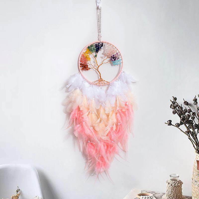 Tree Of Life Dream Catcher Handmade Pink Gravel Wall Hangings Feather Craft Home Decor Wind Chimes Dreamcatchers Room Decorate Quality