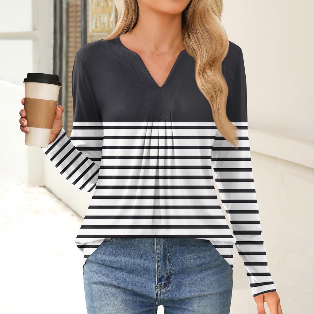 Women's Fashion Casual Long Sleeve Shirt Color Stripes Printed V Neck Up Tops