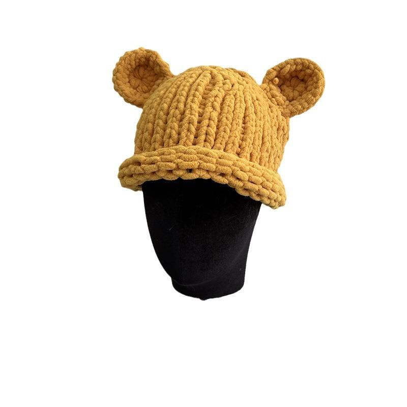 Bear Ears Thick Wool Hat Women's Autumn and Winter Thickened Warm Hand-knitted Woven Big Head Circumference Pullover Hat