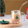 250ml Double-layer Insulated Glass Cup Santa Christmas Tree Glass Coffee Mug Milk Juice Cups with Lid and Handle Xmas Gift