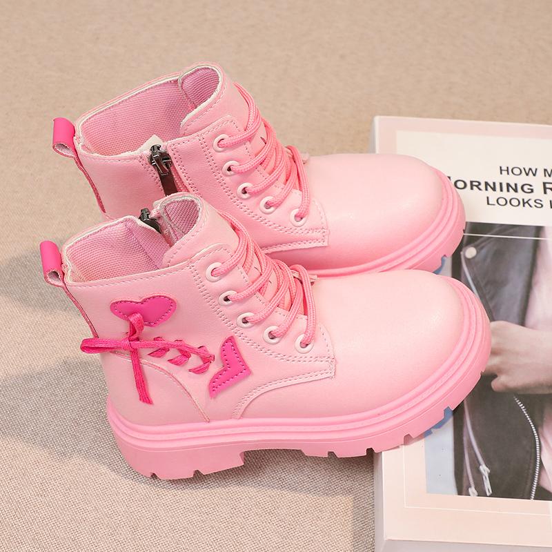 Children Fashion Boots Girls Ankle Boots Pink Elegant Zipper Cool Love Pattern Kids Princess Leather Boots Non-slip Size 26-37