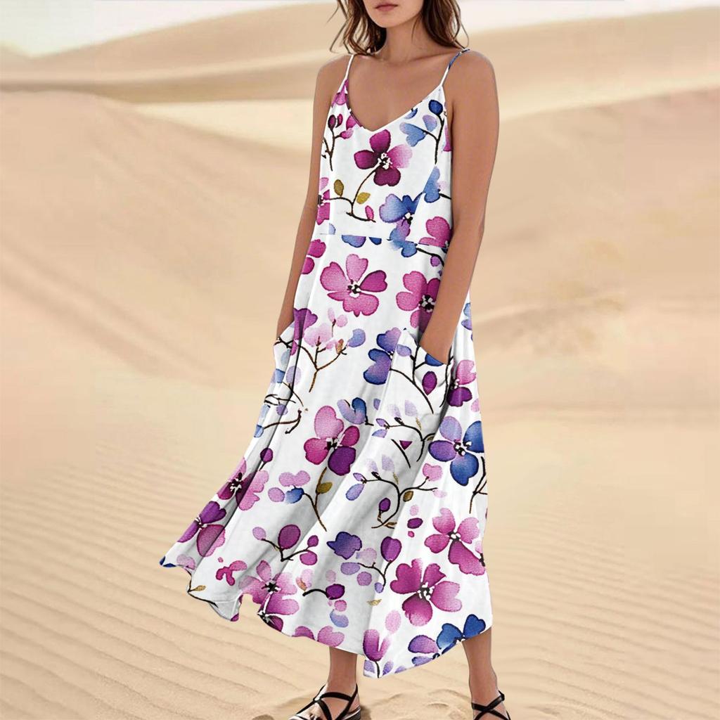 Женское модное повседневное длинное пляжное платье без рукавов с карманом и цветочным принтом