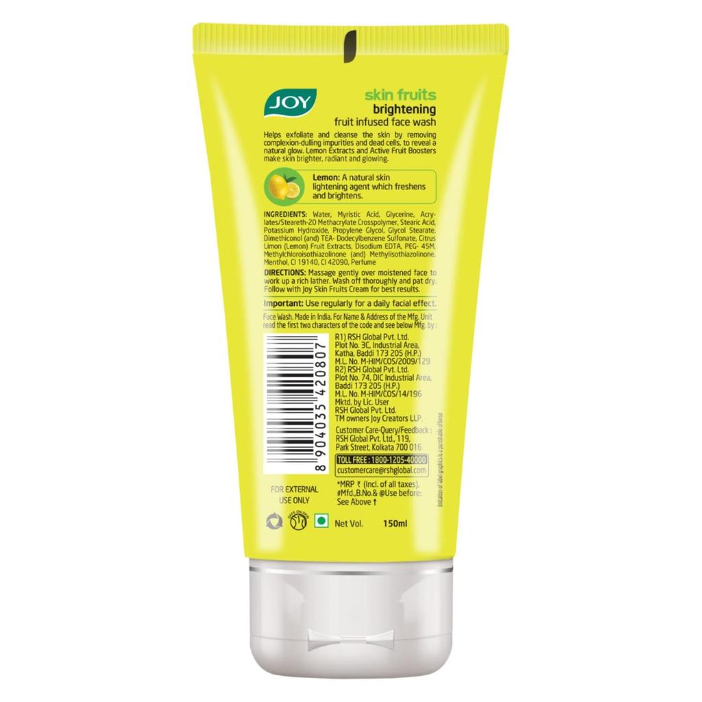 JOY Skin Fruits Lemon Brightening Face Wash 100ml Pack of 1 with Vitamin C for Glowing and Smooth Skin