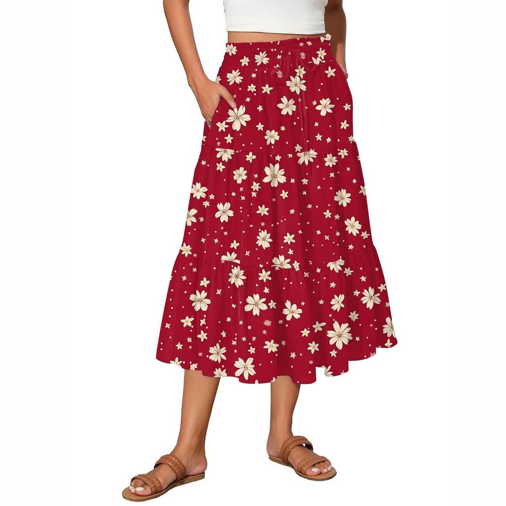 Women's Flowy Flared Ruffle Hem A Line Maxi Skirts Elastic Waist Elegant Tiered Layer Boho Long Skirts
