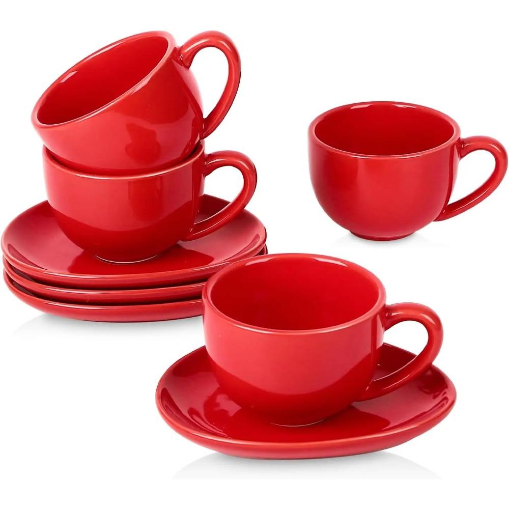 Чашки для капучино 6,5 унций с блюдцами, набор из 4 штук, керамическая кофейная чашка для кофе-о-ле, двойного эспрессо, латте, мокко