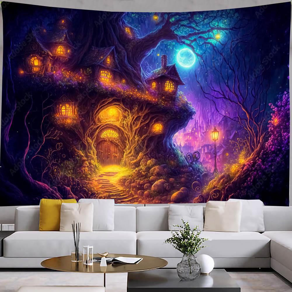 Magic Forest Wall Tapestry Mysterious Hanging Decor Psychedelic Trippy Landscape Tapestries Aesthetic Room Decor Bedroom Blanket