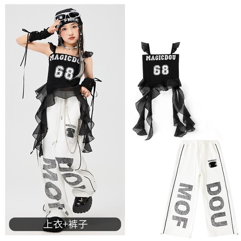 Girls Hip Hop Jazz Dance Performance Outfit Streetwear Stage Costume Kids 8 Years Black Crop Top White Printed Pants