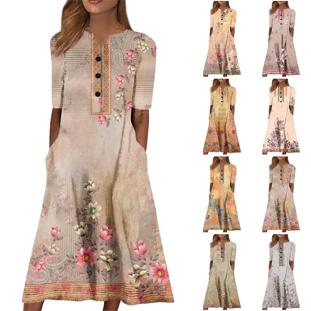 Women's Summer Casual Printing Fashion V-neck Short Sleeved Beach Swing Skirt