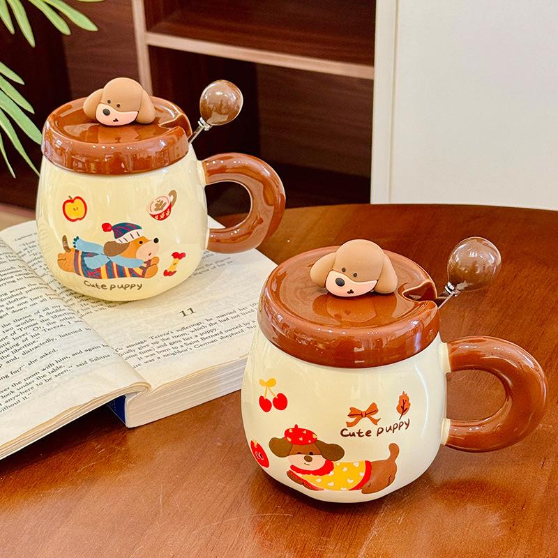 Cartoon Dachshund Puppy Ceramic Mug with Lid Spoon Cute Breakfast Cup Home Milk Oatmeal Cup Souvenir