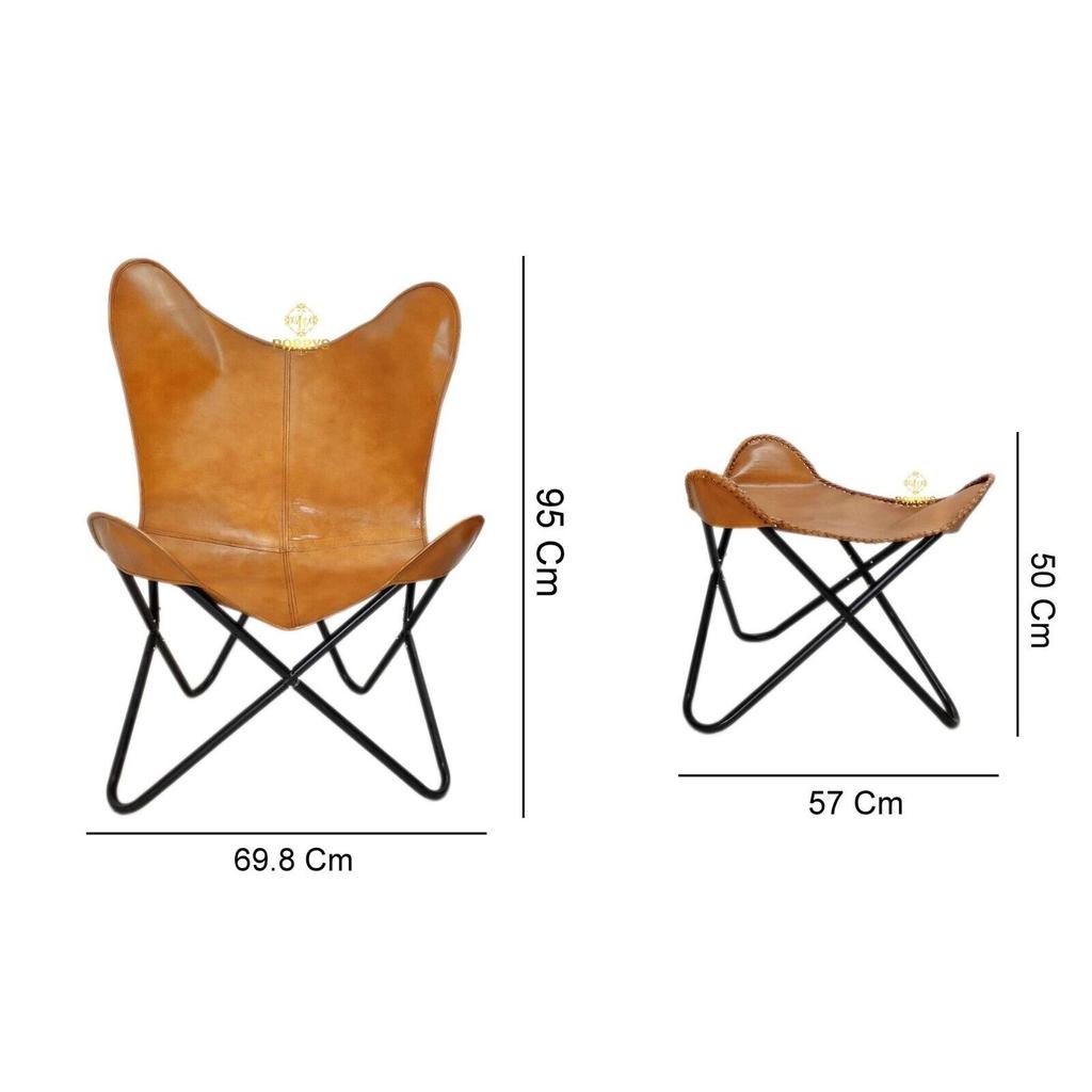 Коричневый кожаный стул ручной работы и табурет для ног с железной подставкой