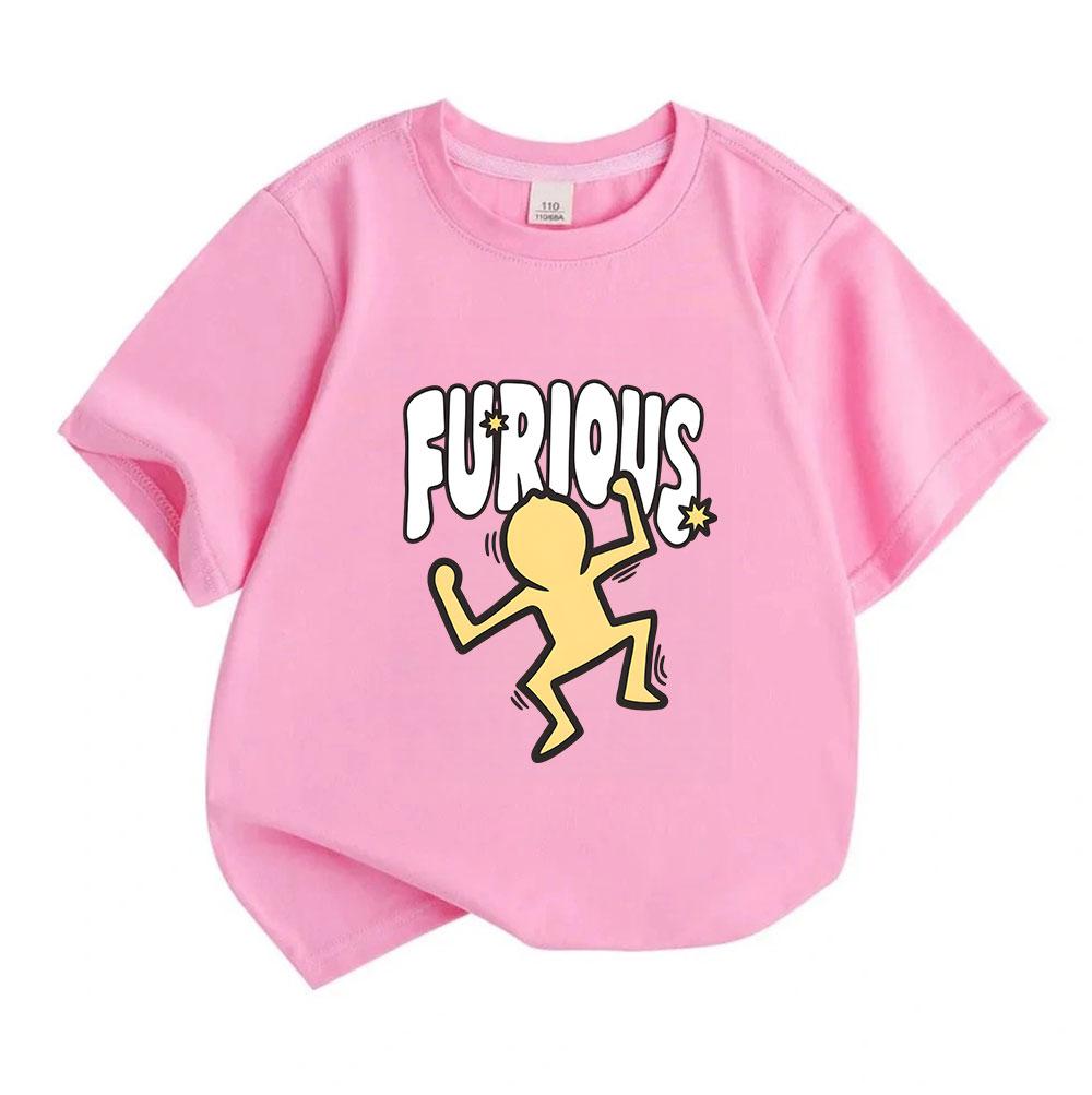 Kids Boys Girls 100% Cotton Crew Neck Short Sleeve T-Shirt, Cute Furious Cartoon Angry Character Print Casual Soft Breathable Tee for Daily Wear Holid