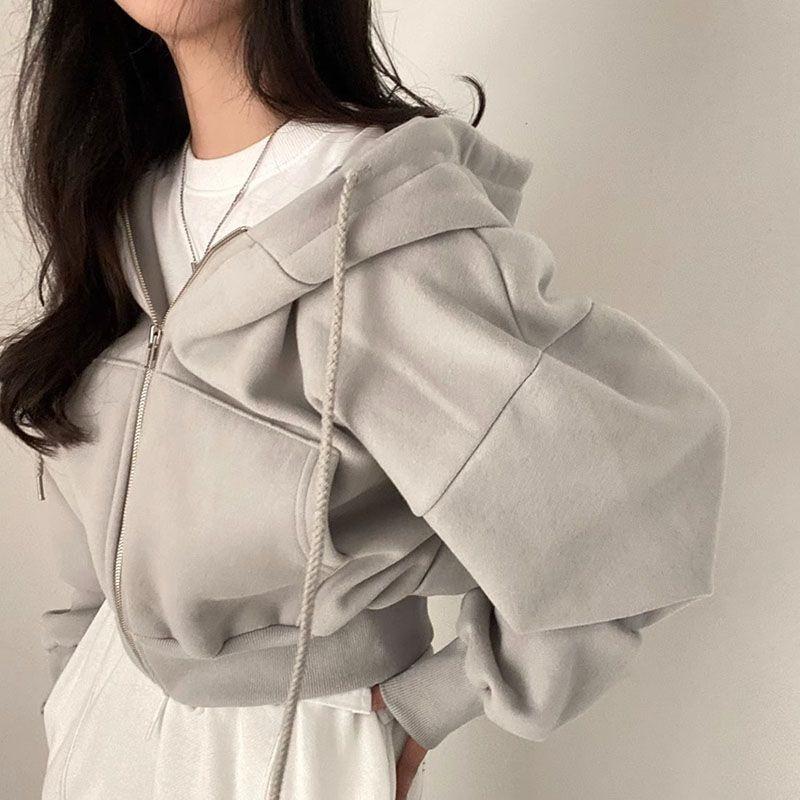 6 Colors Solid Zip Up Drawstring Hoodie, Casual Long Sleeve Sweatshirt with Pocket, Women's Clothing