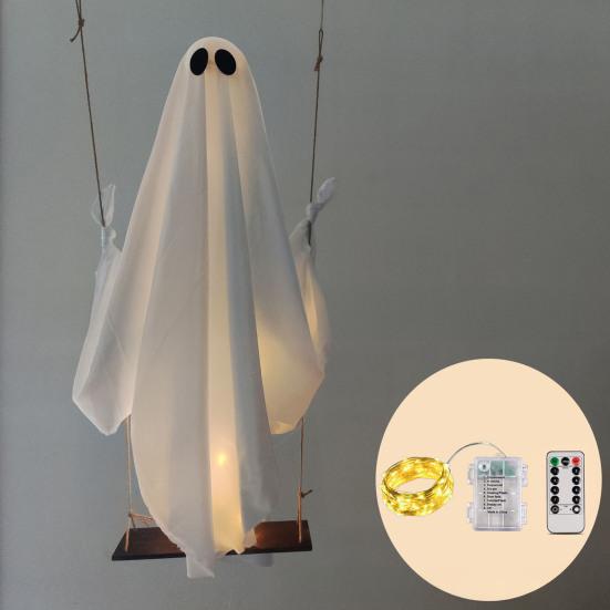 Halloween Decoration Outdoor Swing Ghost Ornament with LED Lights Adjustable Hanging Spooky Ghost Decor